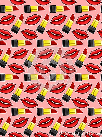 Lips and lipstick seamless pattern on pink background Stock Photo
