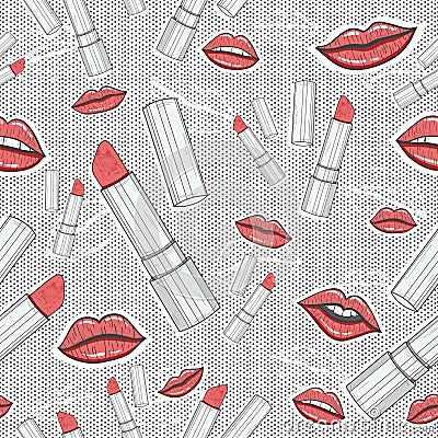 Lips and lipsticks beauty seamless pattern Vector Illustration