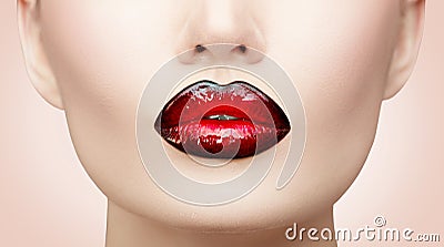 Lips makeup. Beauty high fashion gradient lips makeup sample, black with red color. mouth closeup Stock Photo