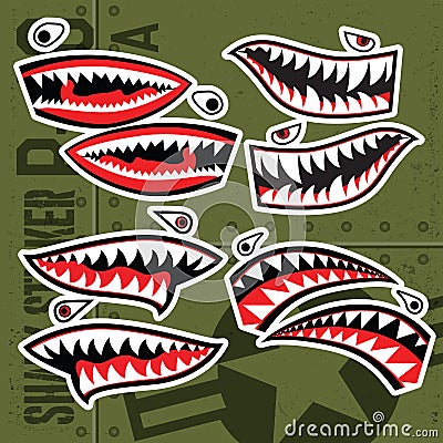 Flying Tiger Shark Mouth Sticker Vinyl on green background Vector Set Vector Illustration