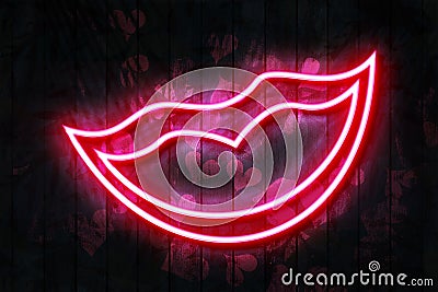 Lips neon sign on a Dark Wooden Wall 3D illustration with red heart background Cartoon Illustration