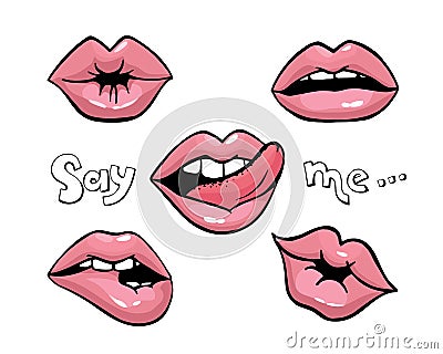 Lips patch collection. Vector Isolated doodle womans lips expressing different emotions kiss, biting lip, licking Cartoon Illustration