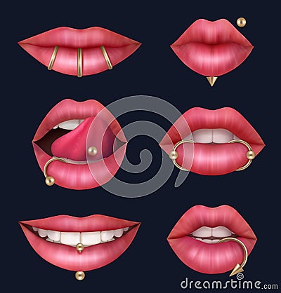 Lips piercing. Tongue metallic decoration lips geometric chrome jewelery decent vector realistic set Vector Illustration