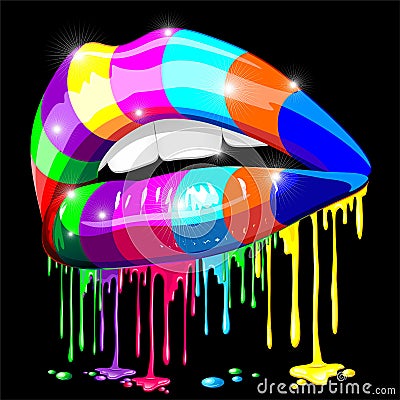 Lips with Rainbow Colors Pop Lipstick Dripping Paint Vector Illustration