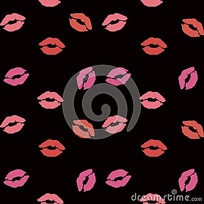 Lips seamless pattern.Red,pink lips,smiles on black background Vector Illustration