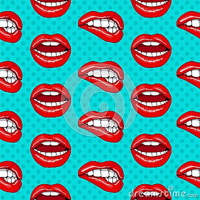 Lips Seamless Pattern in Retro Pop Art Style Vector Illustration