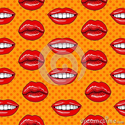 Lips Seamless Pattern in Retro Pop Art Style Vector Illustration