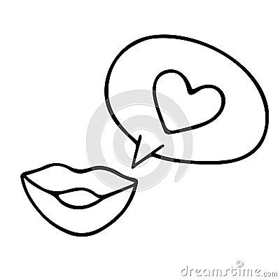 Lips with speech bubble, hand-drawn doodle romantic element. Love feelings, design Valentine's Day, drawing by ink, pen, Vector Illustration