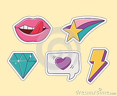 Lips star diamond love patch fashion decoration icon Vector Illustration