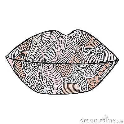 Lips vector. Lipstick zenart. Kiss zen tangle. Makeup zen doodle. Mouth zentangle. Smile zendoodle. Cosmetic coloring book. Vector Illustration