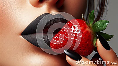 lips of a woman delighting in a strawberry held by her magical soft fingers. Stock Photo