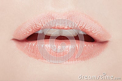 Lips, woman mouth beauty closeup in natural pink color Stock Photo