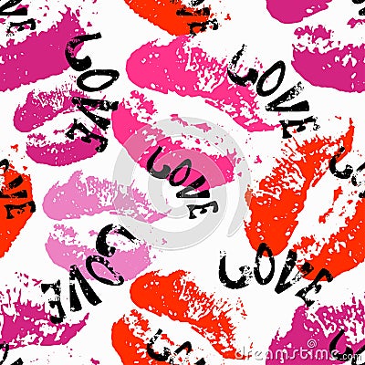 The lips and the words love seamless pattern for valentines day Vector Illustration