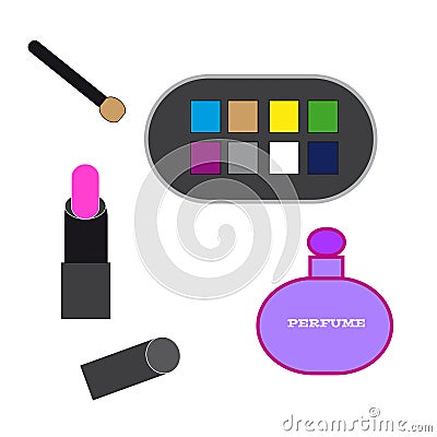 Lipstic, perfume and eyeshadow on white background. Vector Illustration
