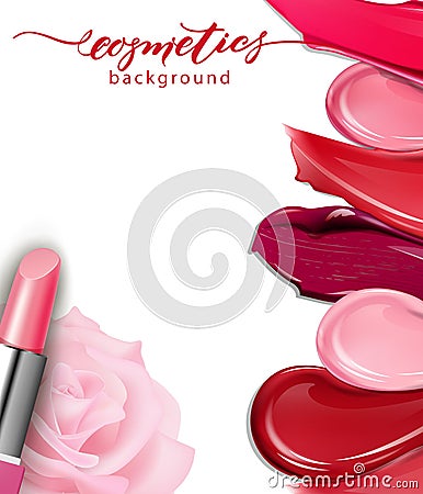 Lipstick closeup and smears lipstick on white background. Cosmetics commercial, beautiful style. Exquisite smear Vector Illustration