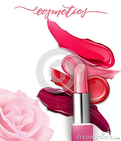 Lipstick closeup and smears lipstick on white background. Cosmetics commercial, beautiful style. Exquisite smear Vector Illustration