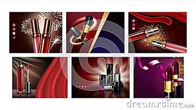 Lipstick Creative Advertising Posters Set Vector Stock Photo