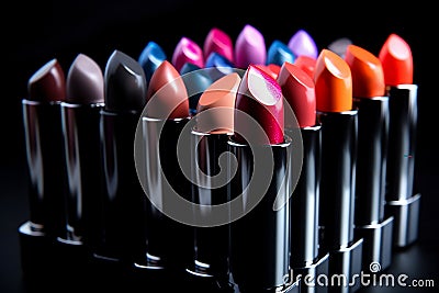 Lipstick. Fashion Colorful Lipsticks over black background, Beautiful Make-up concept Stock Photo