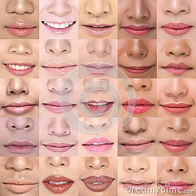 Lipstick on female Mouths. Set of Women`s Lip Stock Photo