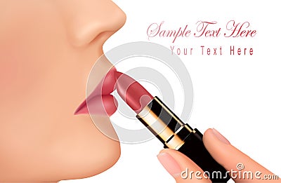 Lipstick and happy female lips over white. Vector Illustration