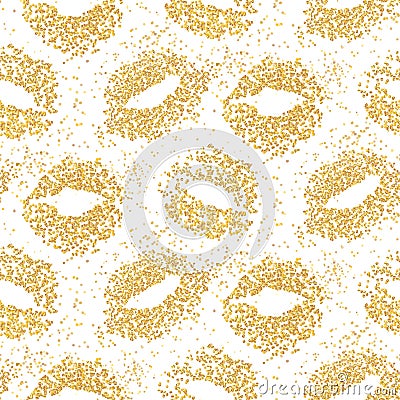 Lipstick kiss glitter seamless background. Gold particles texture, shiny glamour effect. Vector Illustration