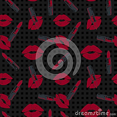 Lipstick and kiss pattern on black check background Vector Illustration