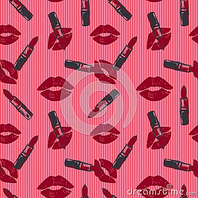 Lipstick and kiss pattern on pink background Vector Illustration