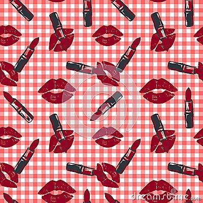 Lipstick and kiss pattern on red and white check background Vector Illustration