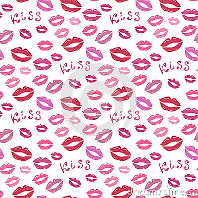 Lipstick kiss print. Vector fashion seamless pattern for textile or wrapping. Valentines day background with color lips Vector Illustration