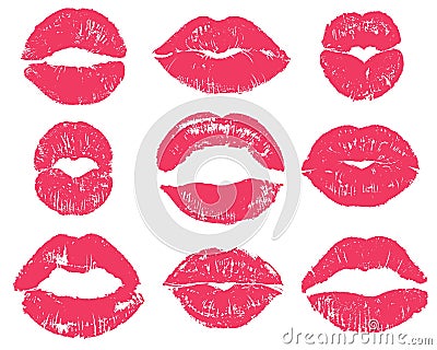 Lipstick kiss. Sexy woman red lips print. Female mouth makeup silhouettes, love smooches romantic valentines isolated Vector Illustration