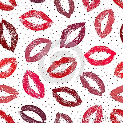 Lipstick kisses. Lips traces. Imprint real female lips isolated on white background. Joyful design. Romantic kiss. Nice seamless p Vector Illustration