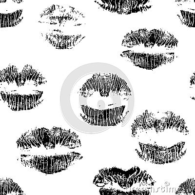 Lipstick kisses seamless pattern. Monochrome lips prints. Romantic background. Vector illustration. Vector Illustration