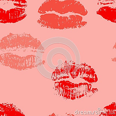 Lipstick kisses seamless pattern. Red lips prints. Romantic background. Vector illustration. Vector Illustration