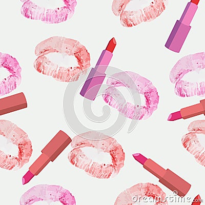 Lipstick and lip prints seamless pattern. Vector illustration Stock Photo