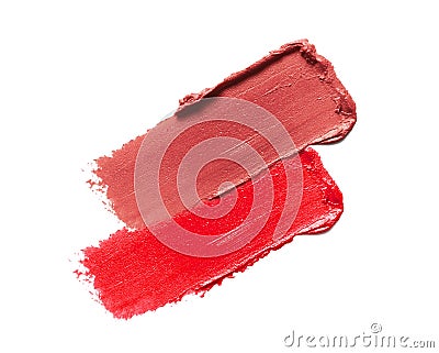 Lipstick lipgloss strokes isolated on white. Nude red lipstick palette swatches. Color makeup product smear smudge Stock Photo