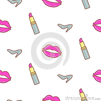 Lipstick, lips and shoe line icon seamless pattern. Vector Illustration