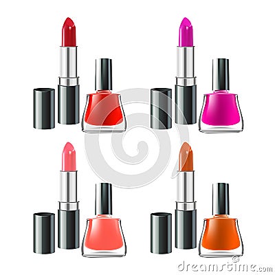 Lipstick and nail polish set isolated on white background. Created with gradient meshes Vector Illustration