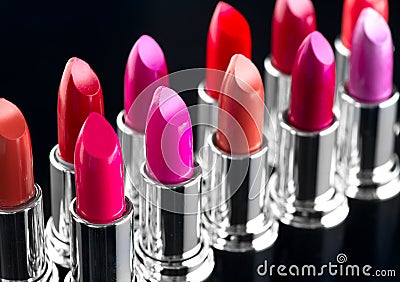 Lipstick. Professional makeup and beauty. Lipstick tints palette closeup. Colorful lipsticks over black Stock Photo