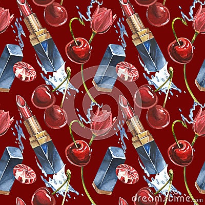 Lipstick seamless pattern. Opened red lipstick in black case. Pomade with Cherry fruits and flowers. Isolated clipart Stock Photo