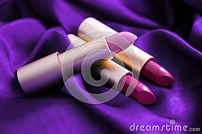 Lipstick beautiful luxury care collection best makeup leather a silk background elegance holiday shining Stock Photo