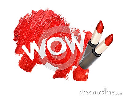 Lipstick smudged on white background with WOW Stock Photo