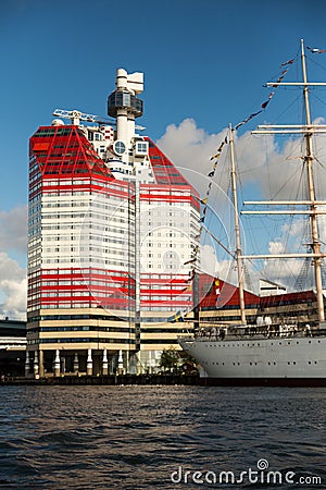 Lipstick Tower and Ship in Gothenburg Editorial Stock Photo