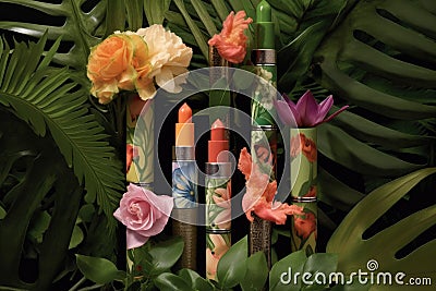 lipstick tubes with tropical flowers and leaves Stock Photo