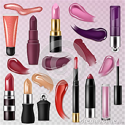 Lipstick vector beautiful red color fashion pink lipgloss lip makeup illustration set of shiny liquid female cosmetic Vector Illustration