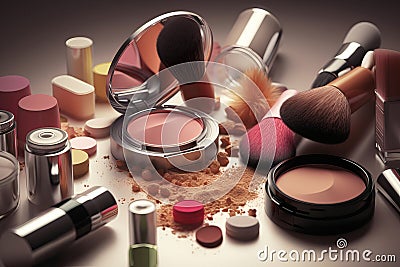 lipsticks, foundation, setting powder Close up make up products, Generative Ai Stock Photo