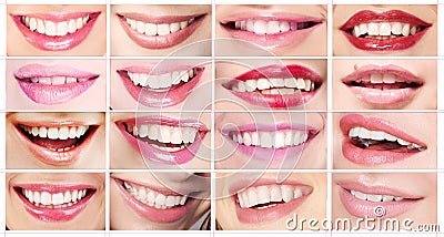 Lipsticks. Set of Women's Lips. Toothy Smiles Stock Photo