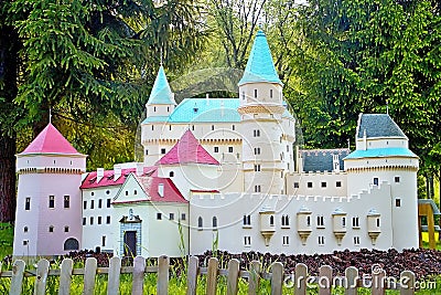 Liptovsky Jan, Slovakia - May 28. 2017: Miniature of the Bojnice Chateau in the ratio 1 : 25. Beautiful Slovakia. Editorial Stock Photo