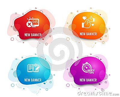 Like, Reject access and Engineering documentation icons. Quick tips sign. Thumbs up, Delete device, Manual. Vector Vector Illustration