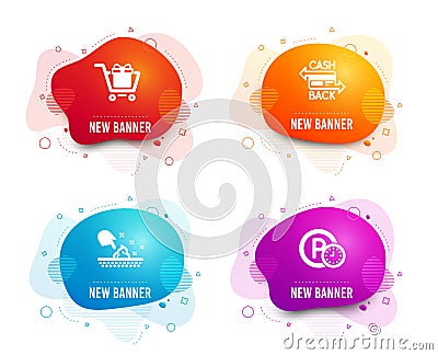 Shopping cart, Cashback card and Skin moisture icons. Parking time sign. Gift box, Money payment, Wet cream. Vector Vector Illustration