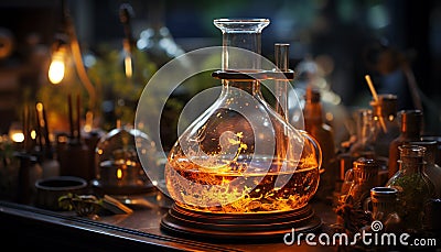 Liquid bottle, alcohol glass, material whiskey, table drink, science laboratory generated by AI Stock Photo